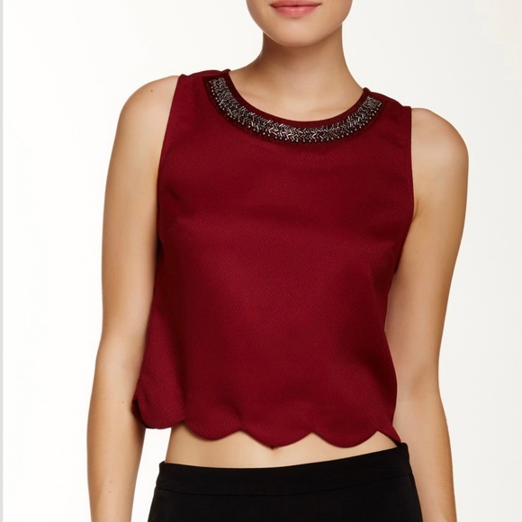 NWOT LUSH Scalloped Hem GUNMETAL Beaded Neckline CROP Sleeveless Blouse TOP M - Picture 9 of 11